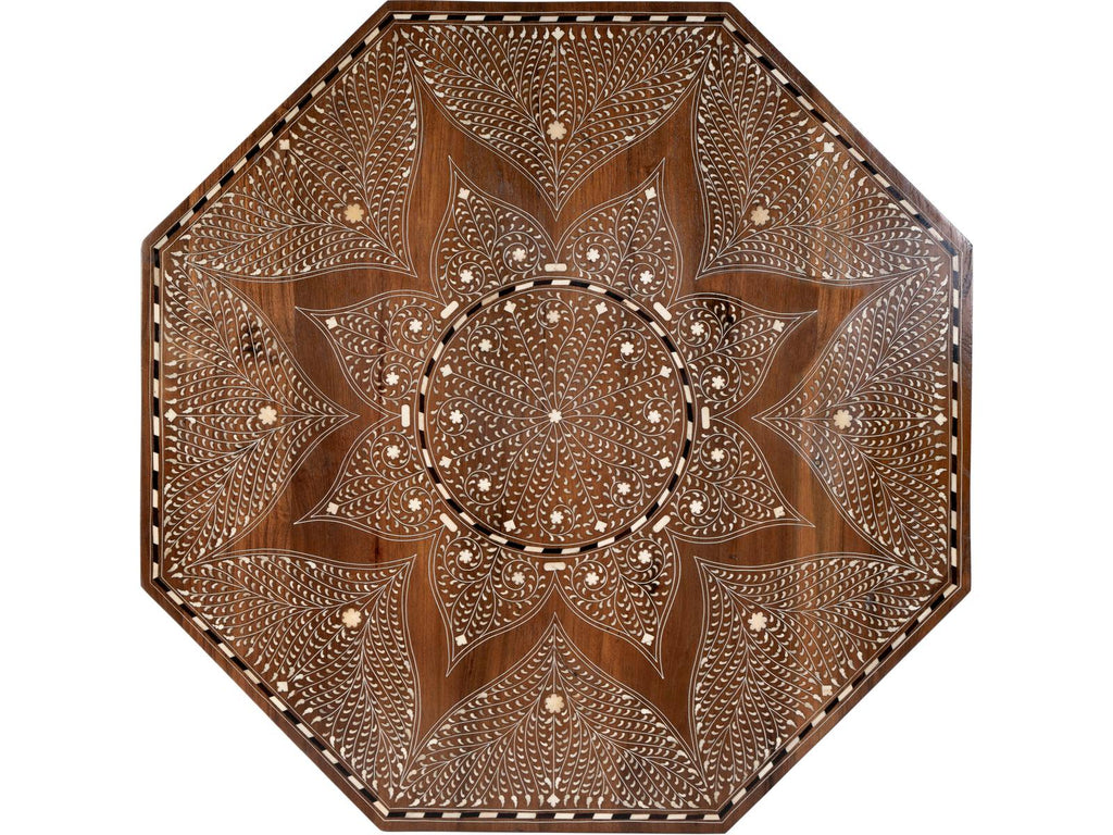 Mandore Octagon Coffee Table in Distressed Brown Teak and Bone Inlay
