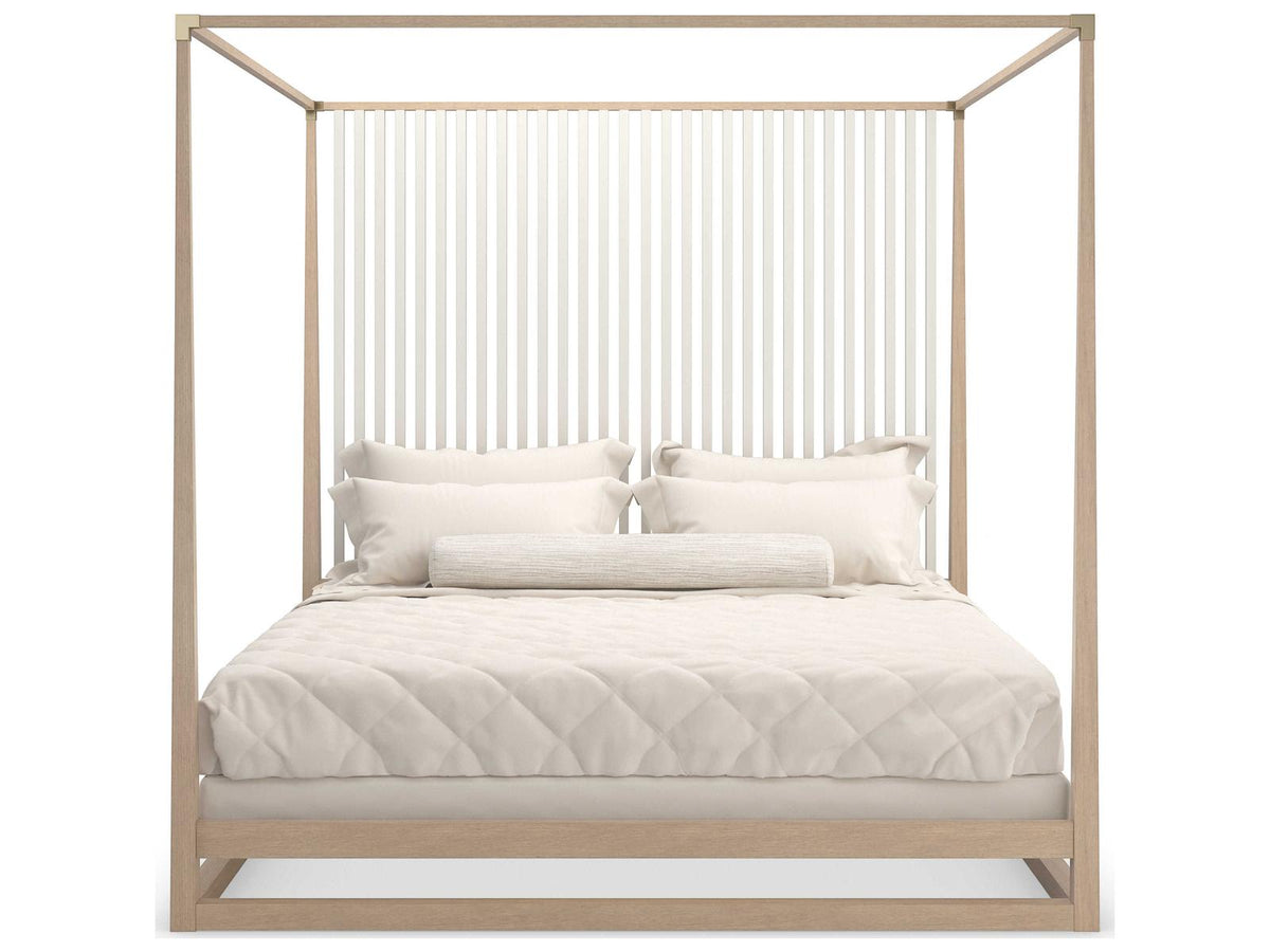 Pinstripe Light King Canopy Bed in Sun Drenched Oak and Almond Milk