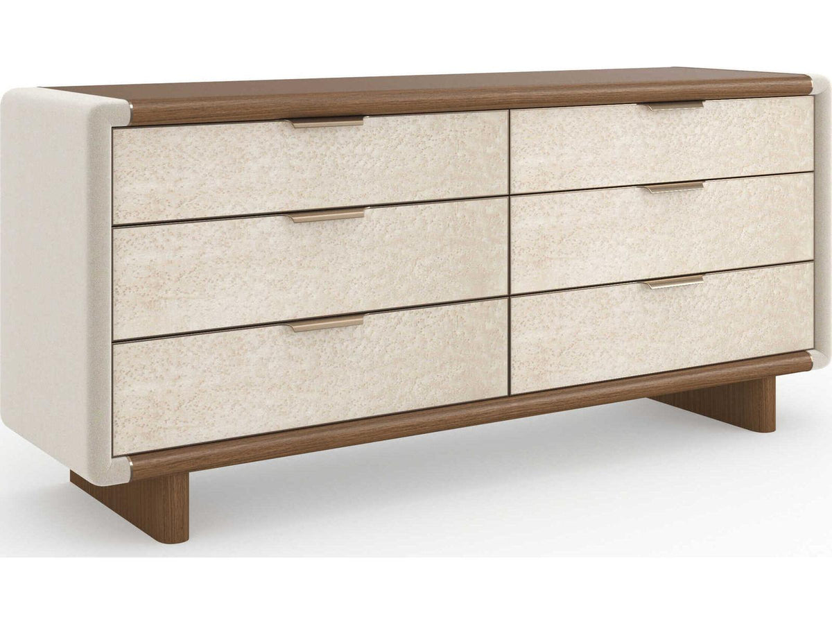 Botero Six-Drawer Dresser in New Natural Walnut Smoked Birdseye and Brushed Gold