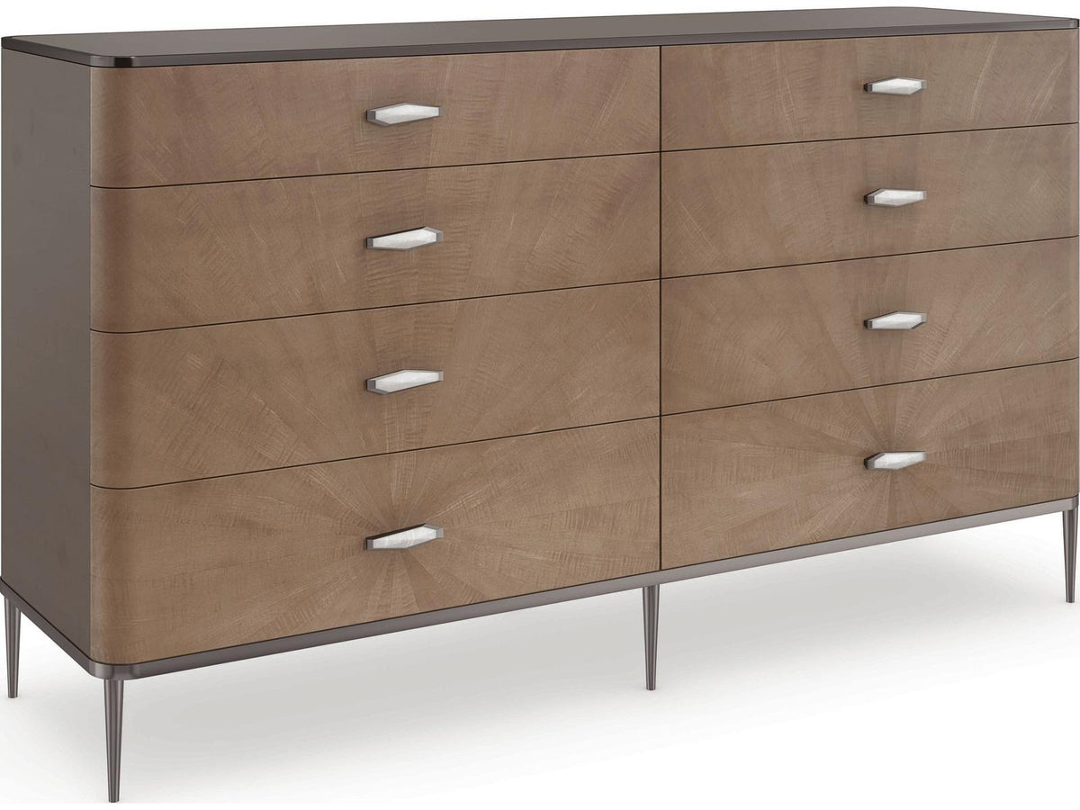 Prism 8-Drawer Double Dresser in Chocolate Tiger Maple and Bronze