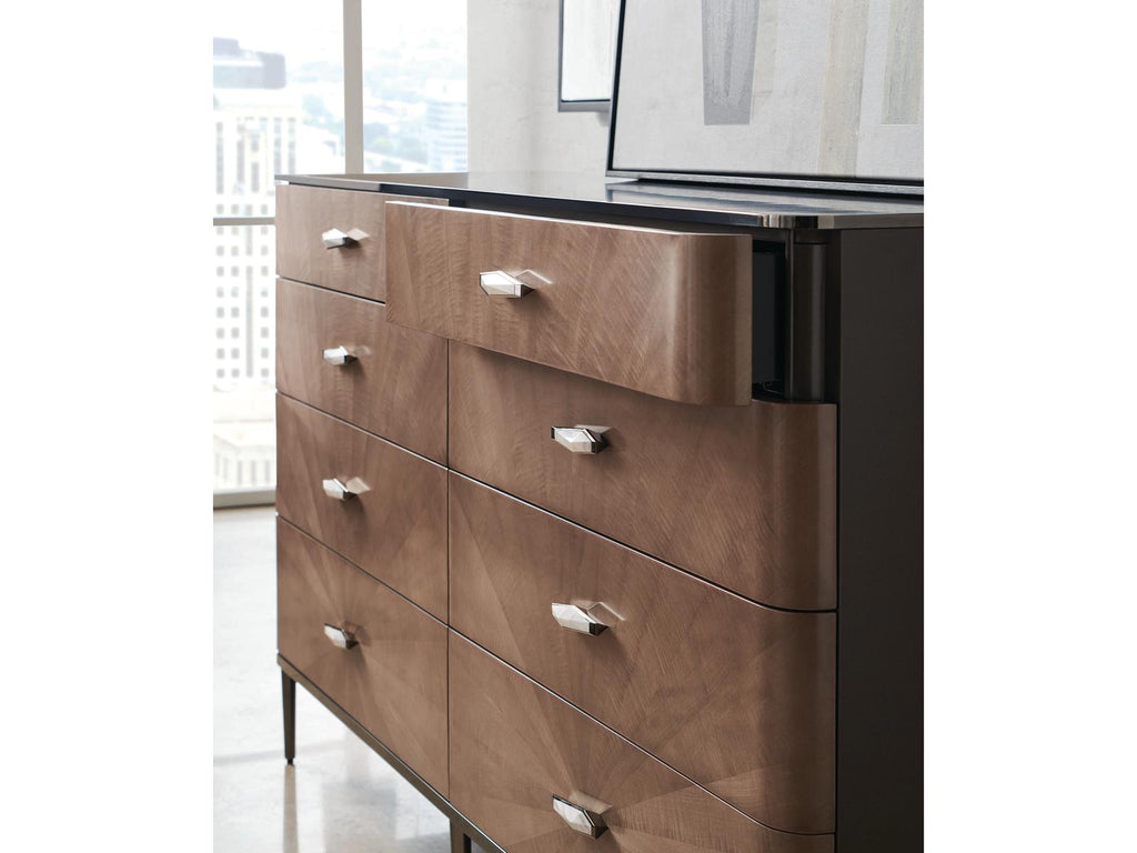 Prism 8-Drawer Double Dresser in Chocolate Tiger Maple and Bronze