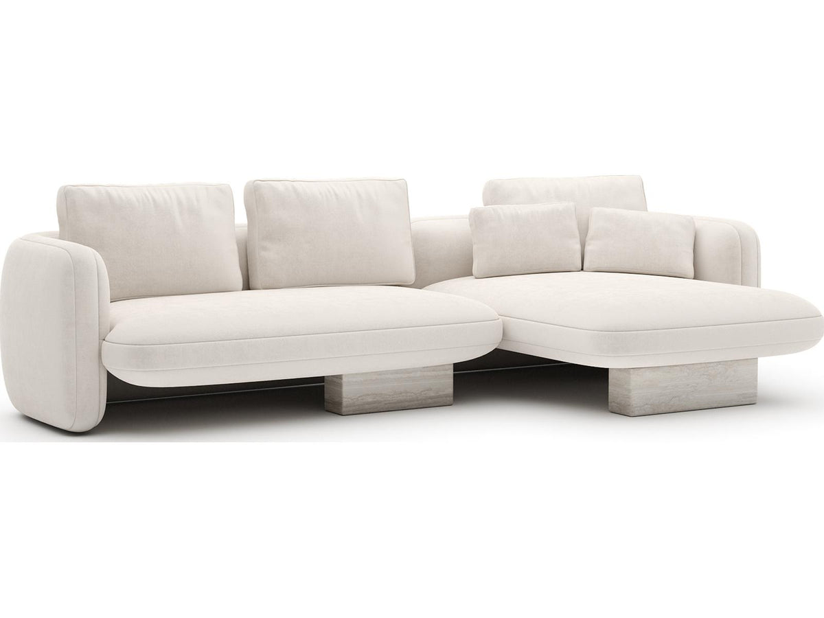 Overlap 2-Piece Ecru Linen Right Chaise Sectional Sofa with Travertine Base