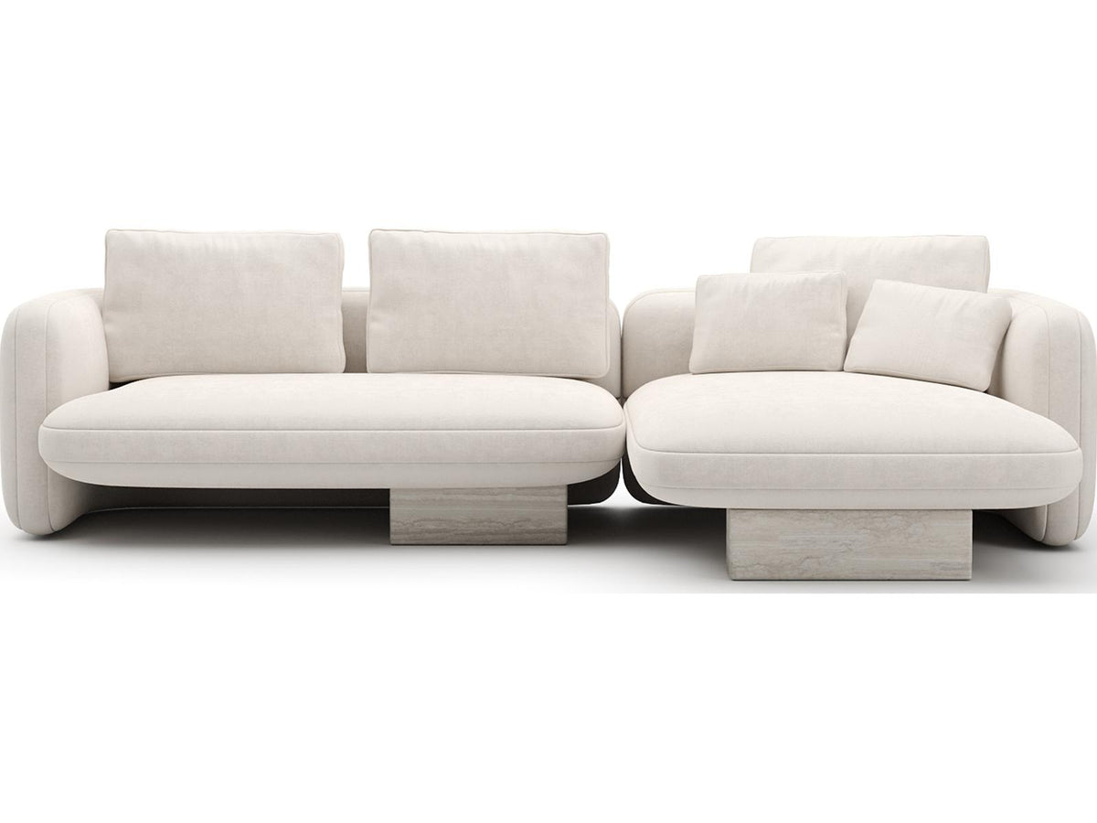 Overlap 2-Piece Ecru Linen Right Chaise Sectional Sofa with Travertine Base