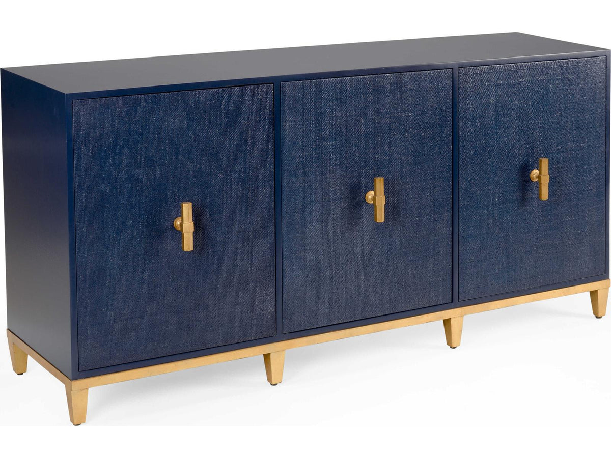 Avery Wood Console Table in Navy with Raffia Doors and Gold Leaf Hardware