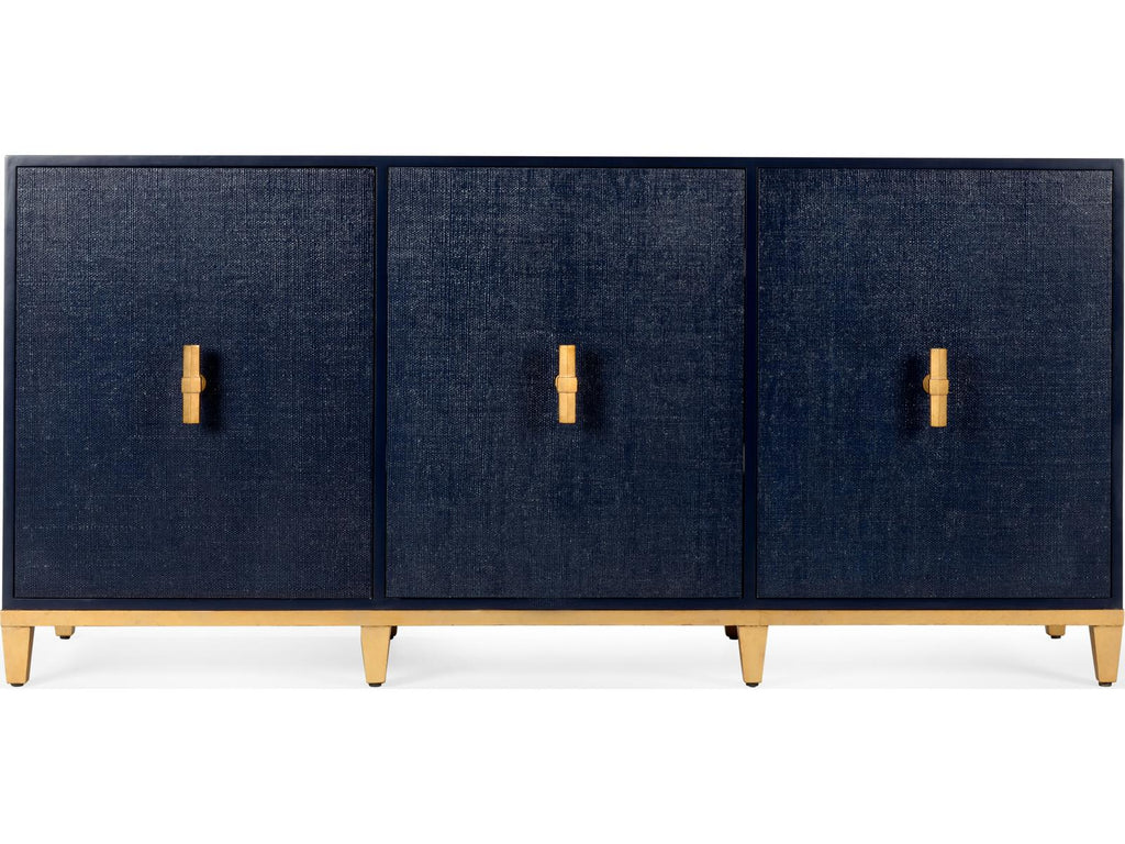 Avery Wood Console Table in Navy with Raffia Doors and Gold Leaf Hardware