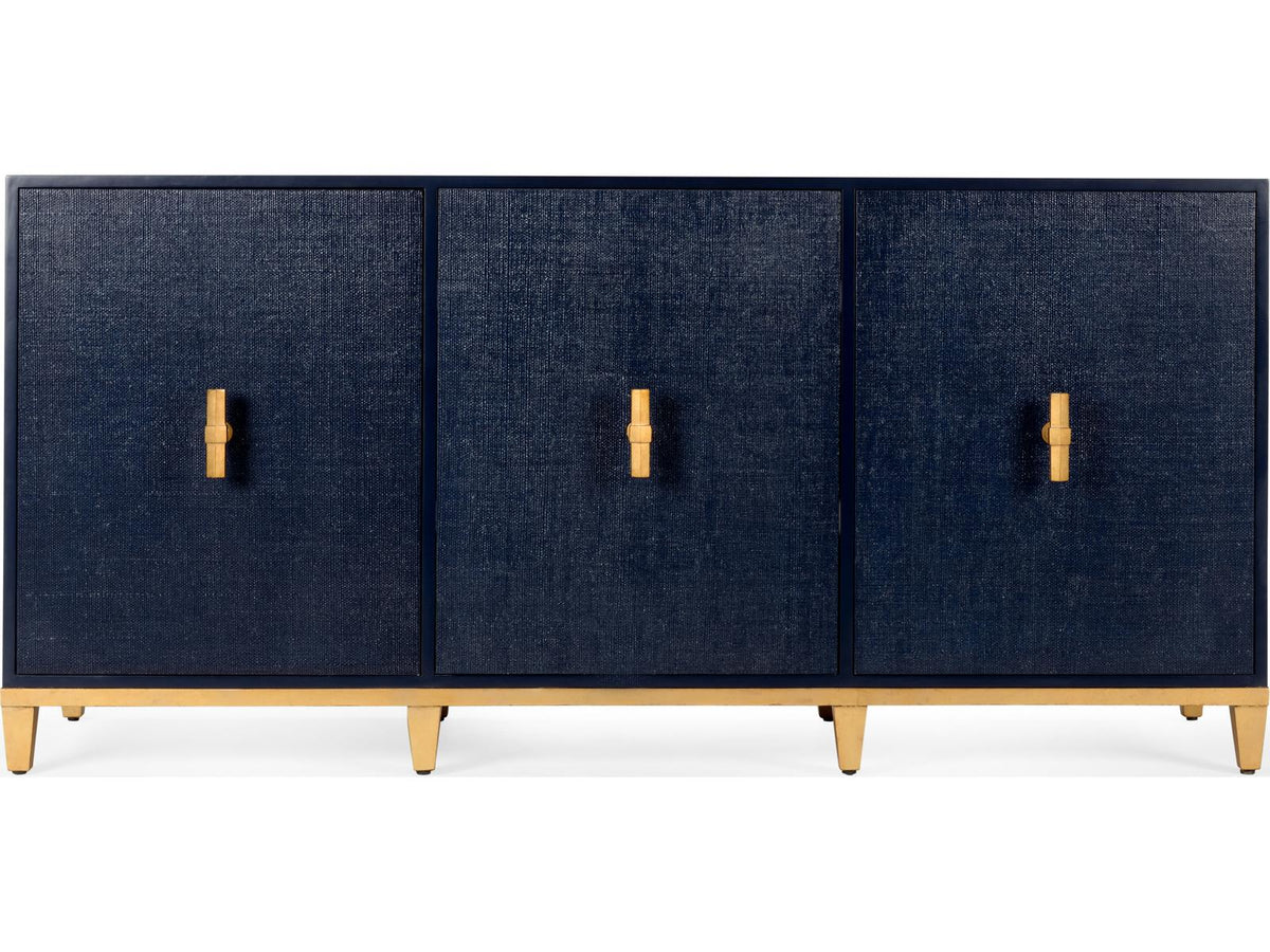 Avery Wood Console Table in Navy with Raffia Doors and Gold Leaf Hardware