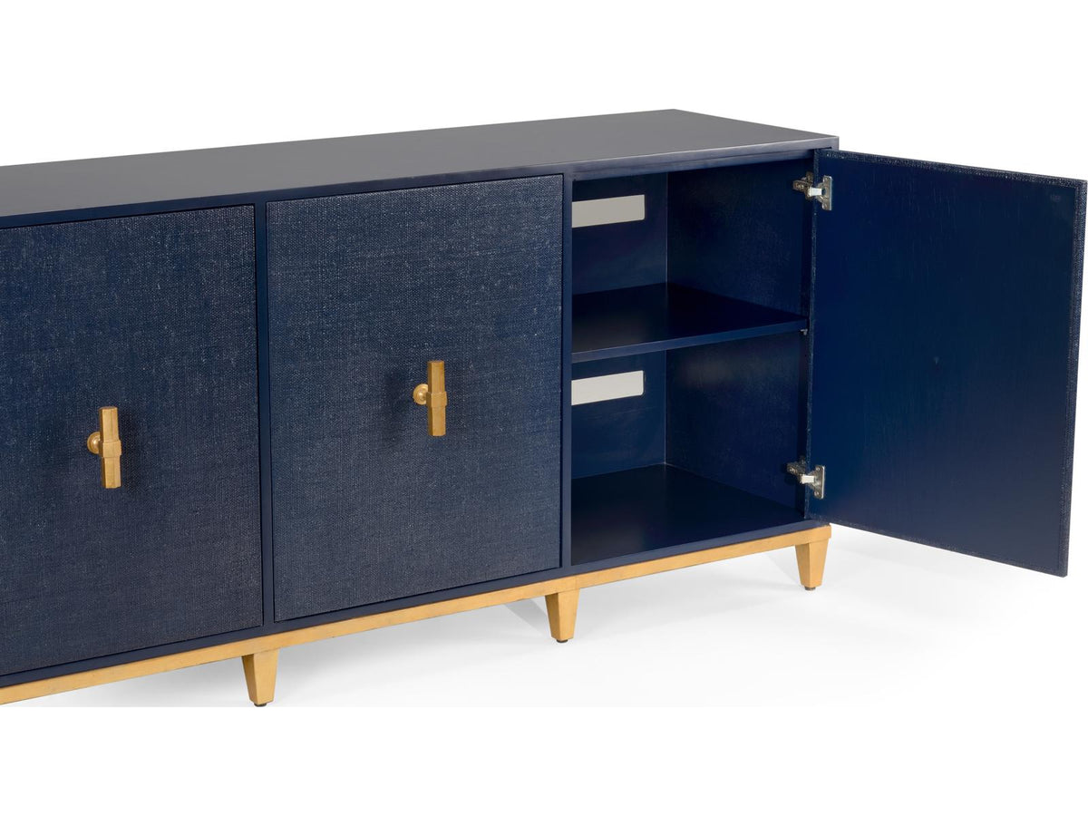 Avery Wood Console Table in Navy with Raffia Doors and Gold Leaf Hardware