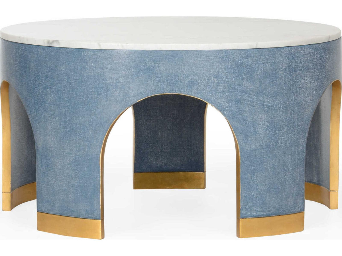 Elizabeth Wicker Aqueduct Round Marble Blue White Cocktail Table -