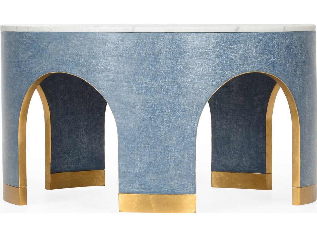 Elizabeth Wicker Aqueduct Round Marble Blue White Cocktail Table -