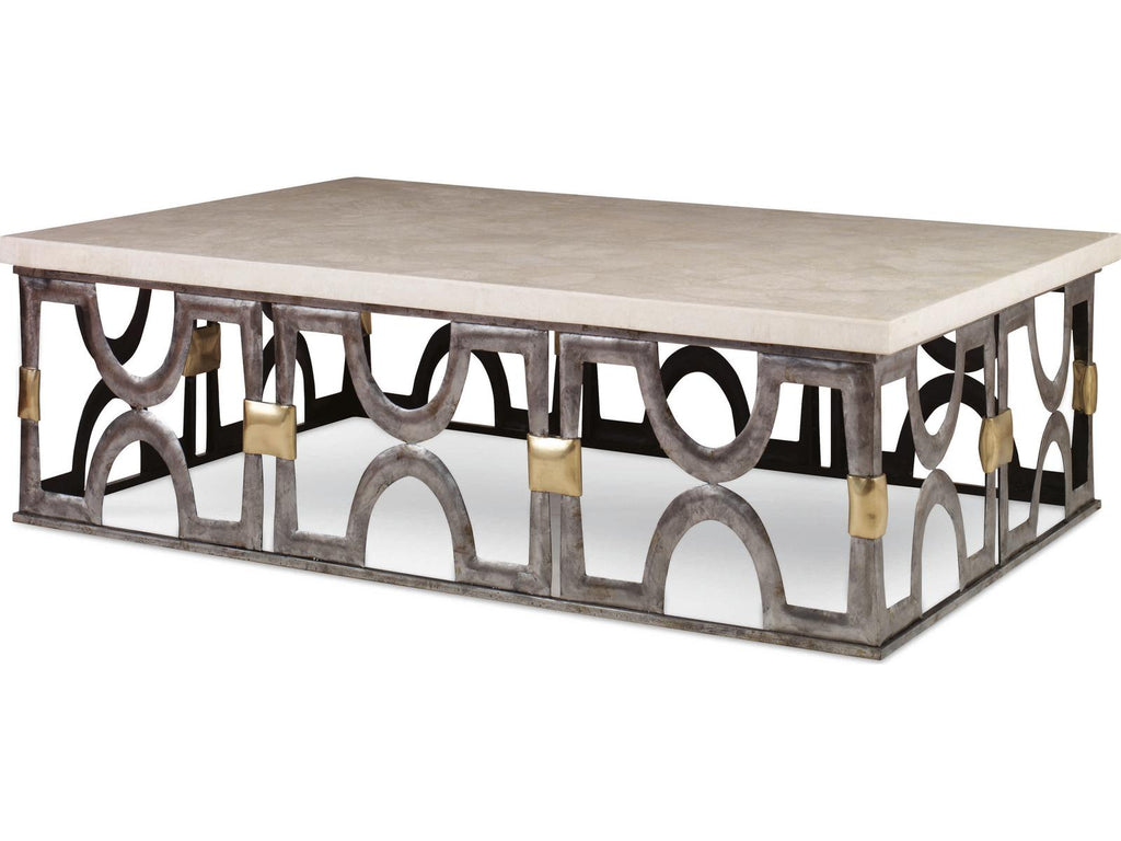 Grand Tour Rectangle Coffee Table in White Onyx Stone and Bronze