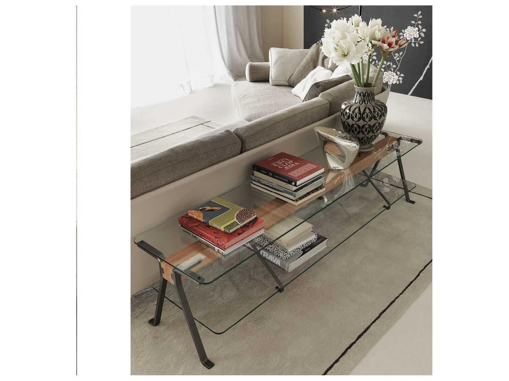 Fratello Rectangular Glass Console Table with Steel and Beech Base