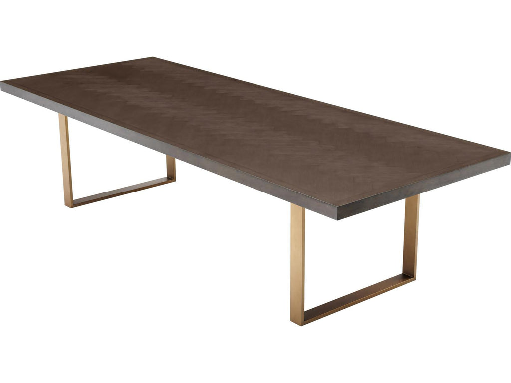 Melchior 118 Inch Rectangular Dining Table in Brown Oak Veneer and Brushed Brass