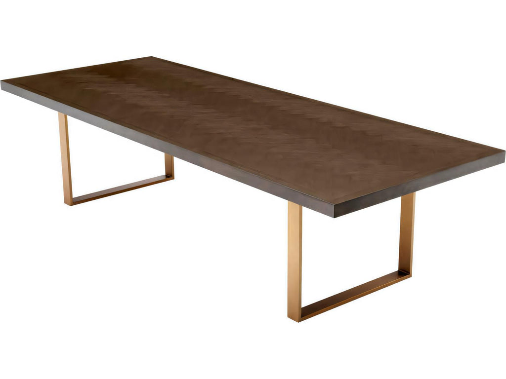 Melchior 118 Inch Rectangular Dining Table in Brown Oak Veneer and Brushed Brass