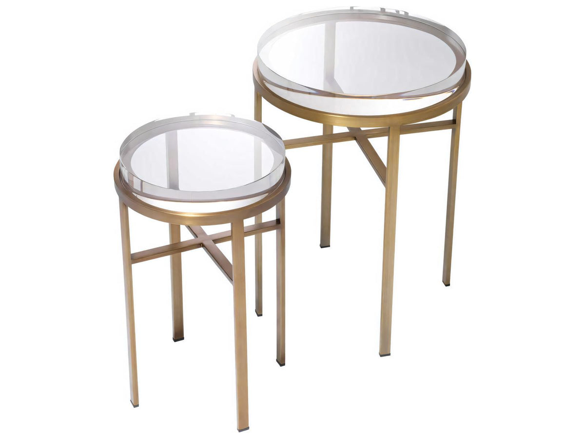 Hoxton Set of 2 Round Side Tables with Brushed Brass Finish and Glass Tops