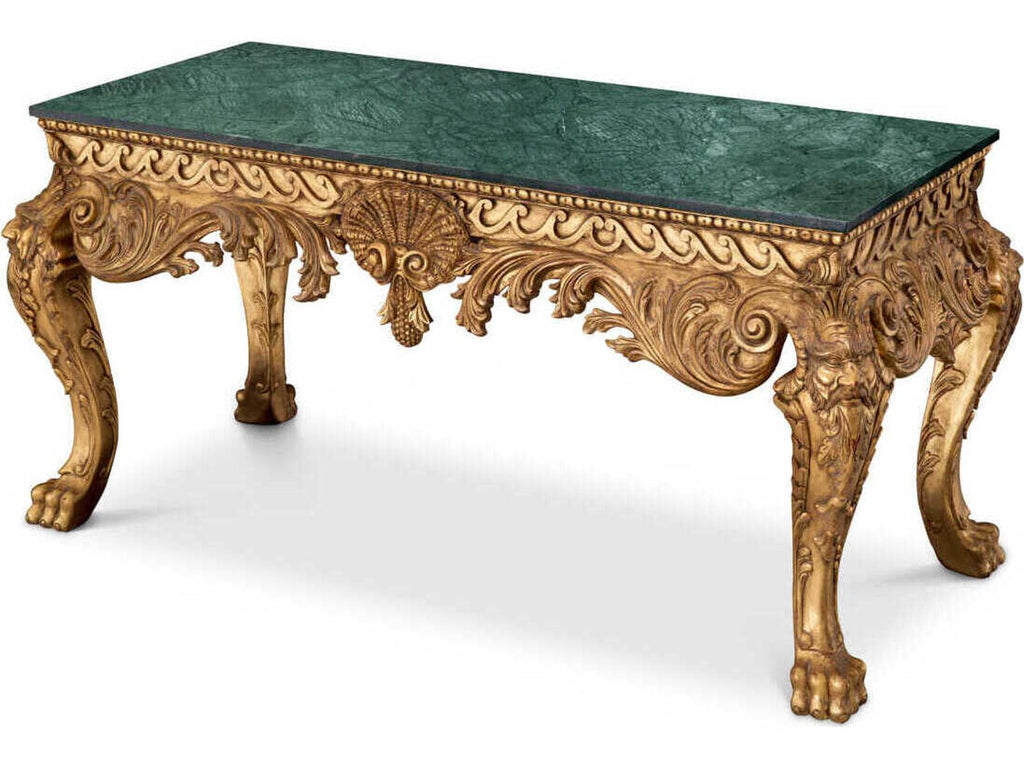 Matthias Rectangular Console Table Green Marble with Antique Gold Finish