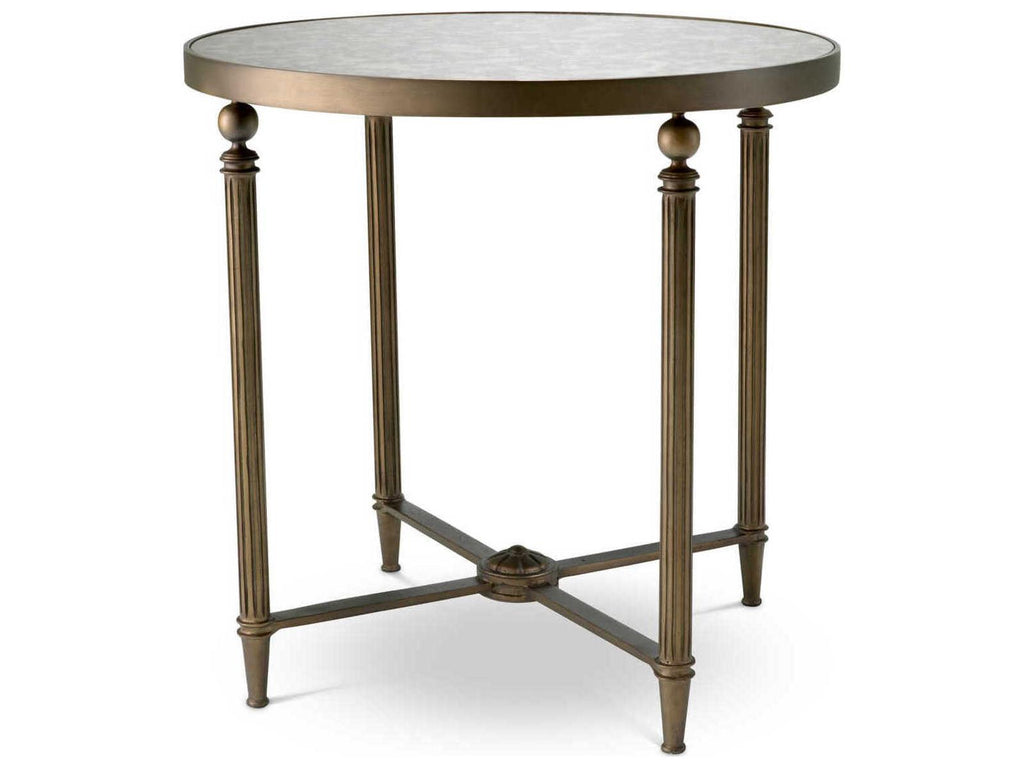 Bowery Round End Table with Antique Mirror Glass and Bronze Finish