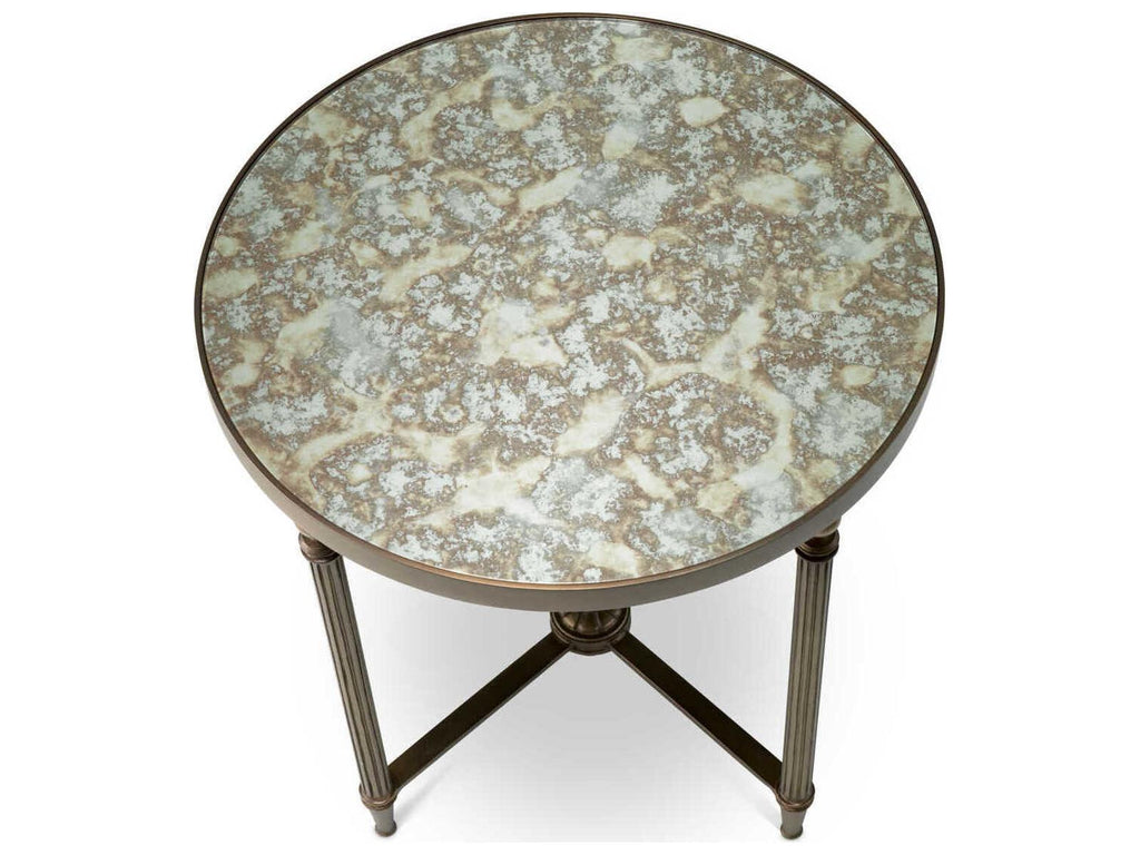 Bowery Round End Table with Antique Mirror Glass and Bronze Finish