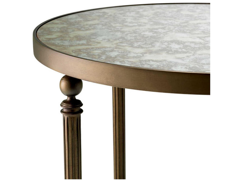 Bowery Round End Table with Antique Mirror Glass and Bronze Finish