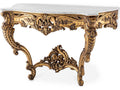 Rococo Rectangular Console Table with Antique Gold Finish and White Marble