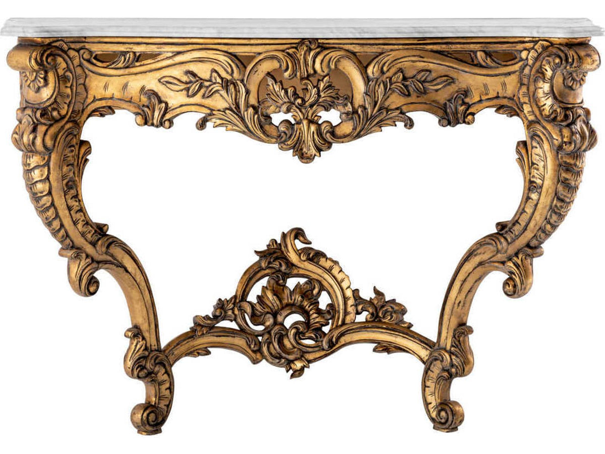 Rococo Rectangular Console Table with Antique Gold Finish and White Marble