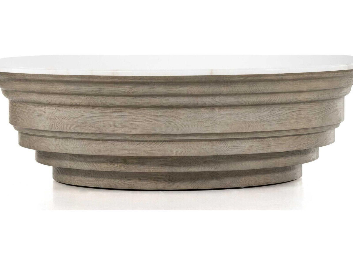Hughes Caldwell Round Coffee Table in Weathered Blonde Pine and White Marble