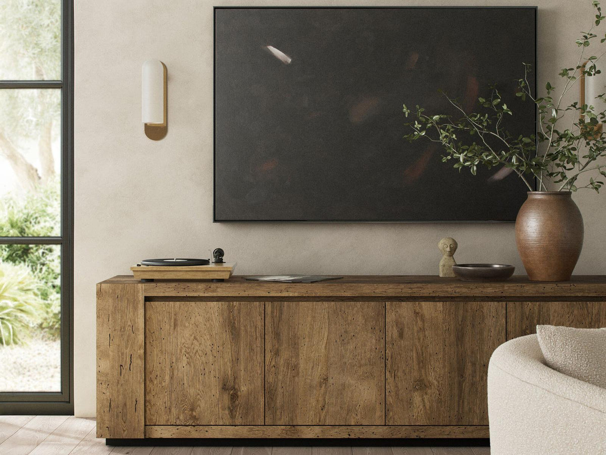 Wesson Abaso 94-Inch Hardwood Media Console in Black Rustic Wormwood Oak