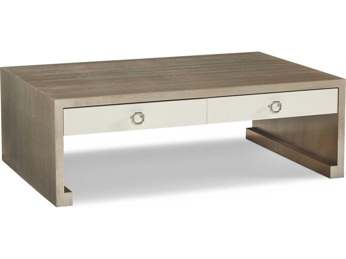 Trellis Rectangular Wood Coffee Table with Two Drawers in Silver Fox