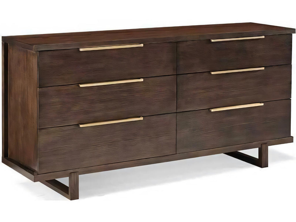 Modern Retreat 6-Drawer Brown Ash Wood Double Dresser with Brushed Brass Hardware