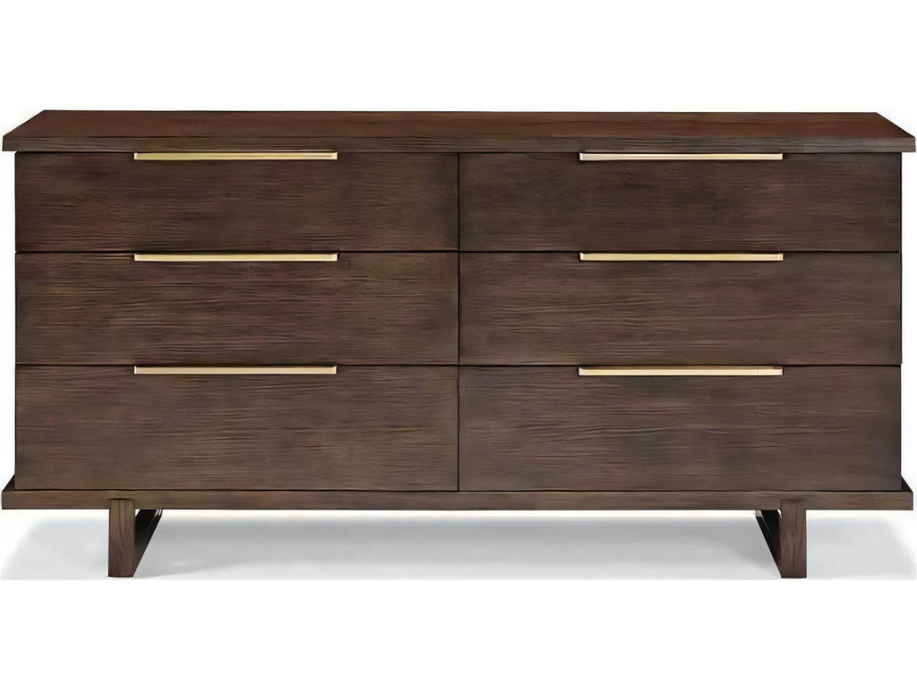 Modern Retreat 6-Drawer Brown Ash Wood Double Dresser with Brushed Brass Hardware
