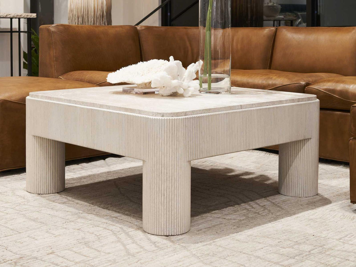 Revival 81 Square Coffee Table with Travertine Top in Gardenia White