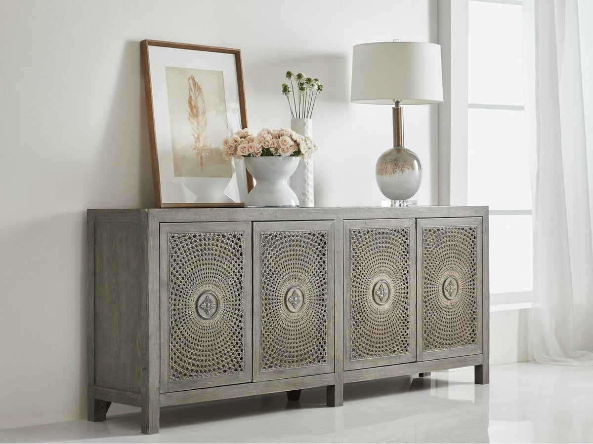 Melange Emmett 84-Inch Oak Wood Media Console with Floral Medallion Doors