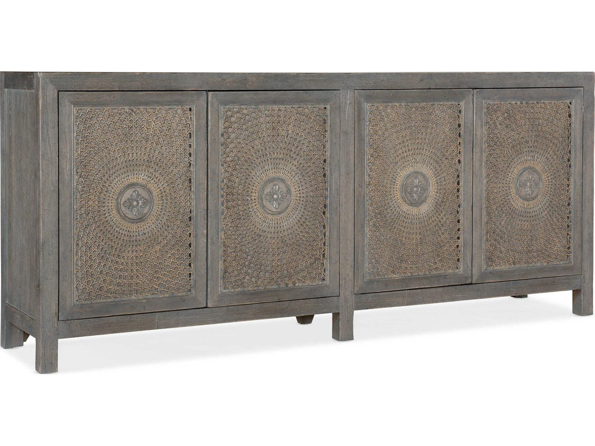 Melange Emmett 84-Inch Oak Wood Media Console with Floral Medallion Doors