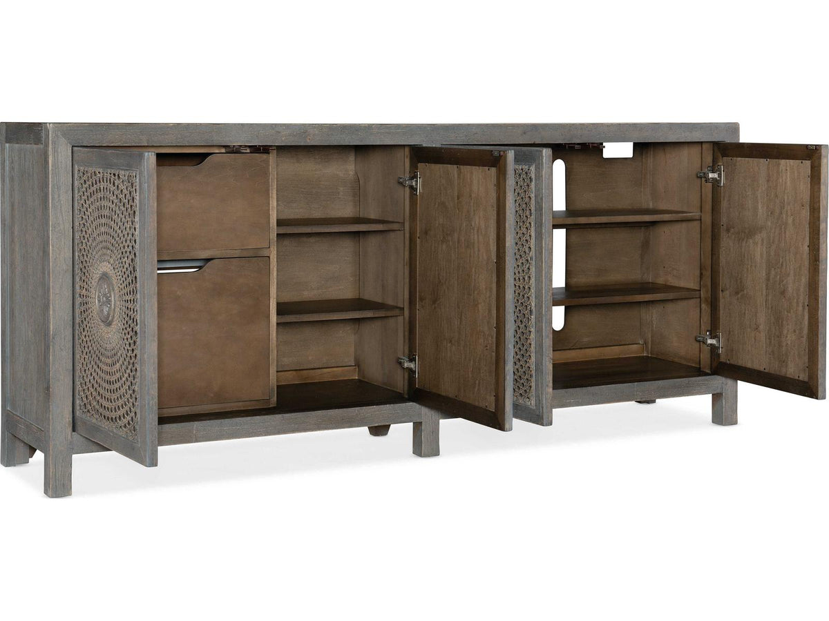 Melange Emmett 84-Inch Oak Wood Media Console with Floral Medallion Doors