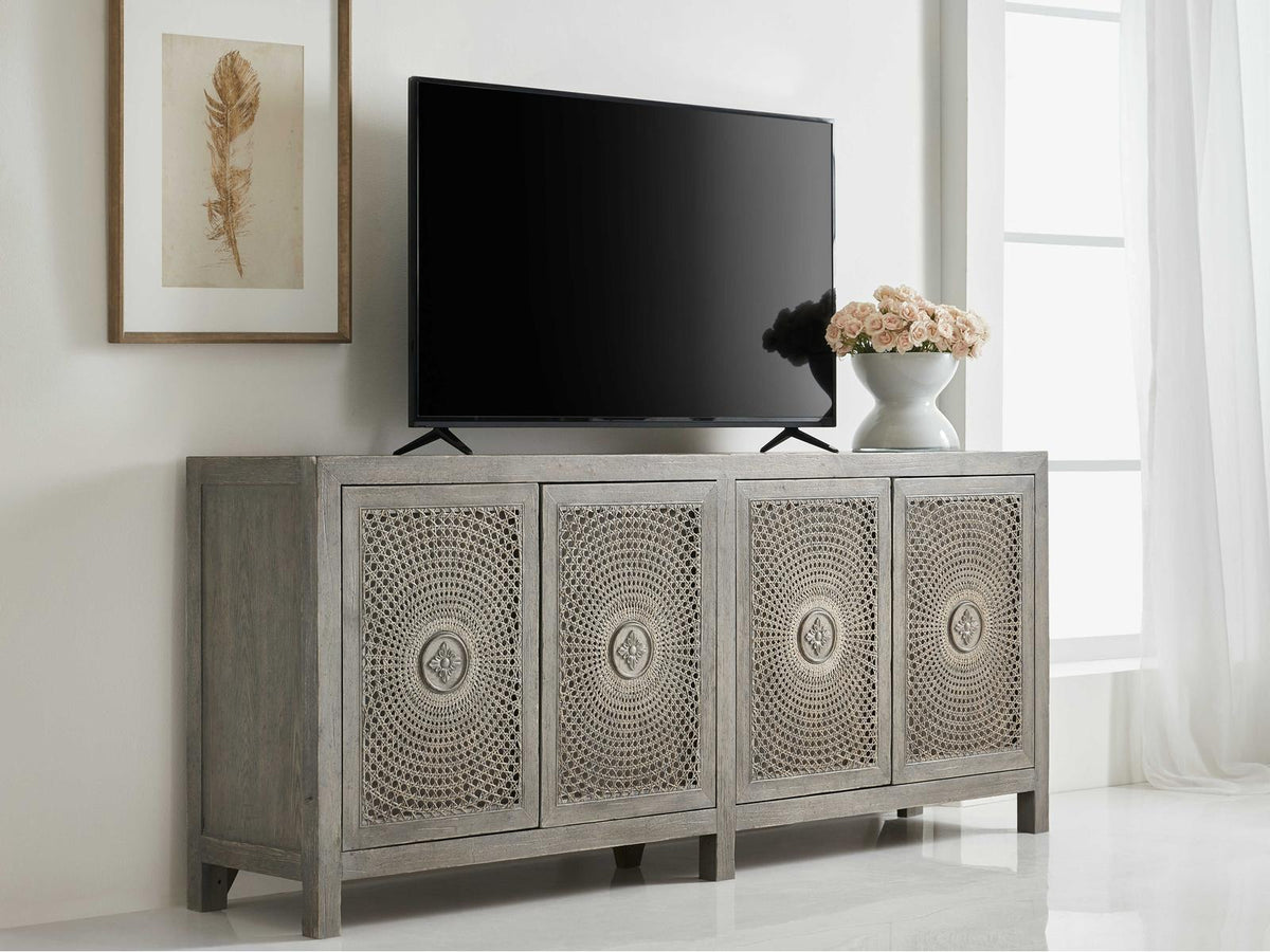 Melange Emmett 84-Inch Oak Wood Media Console with Floral Medallion Doors