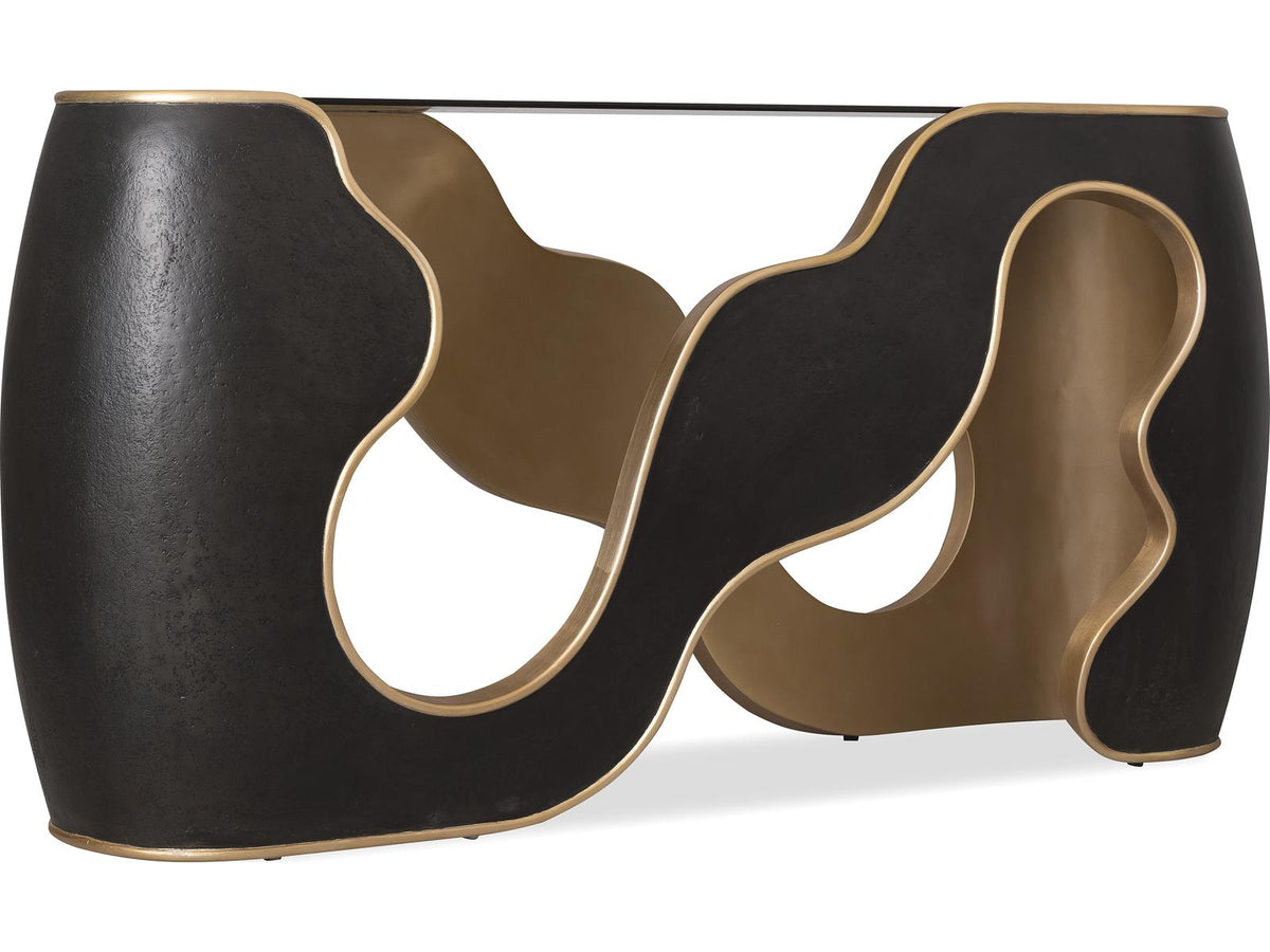 Melange Even and Flow Console Table with Smoked Glass Top in Black and Gold