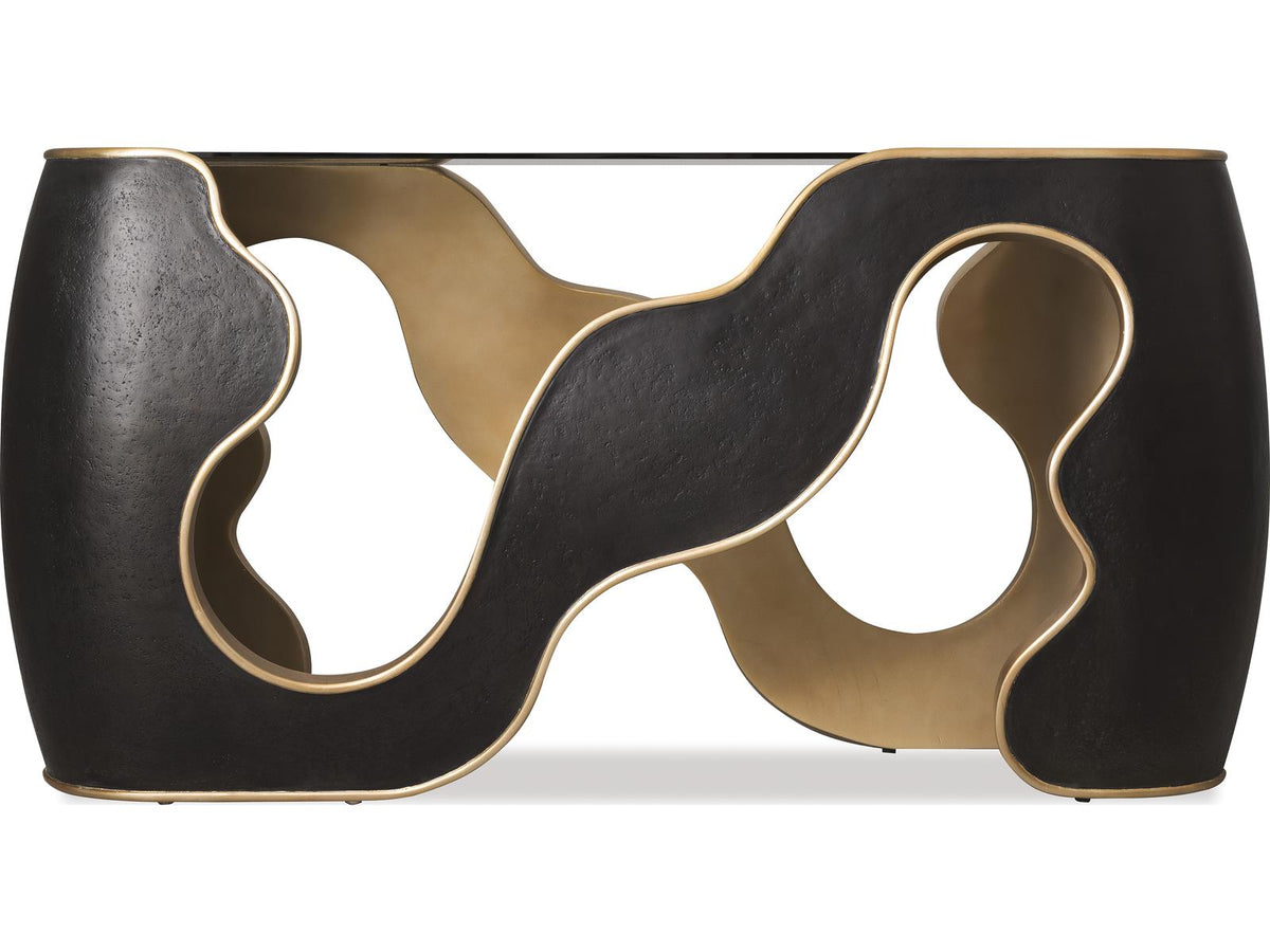 Melange Even and Flow Console Table with Smoked Glass Top in Black and Gold