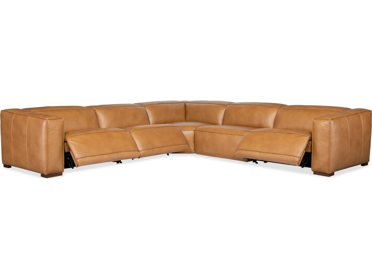 Fresco 5-Piece Power Reclining Leather Sectional in Zen Caramel