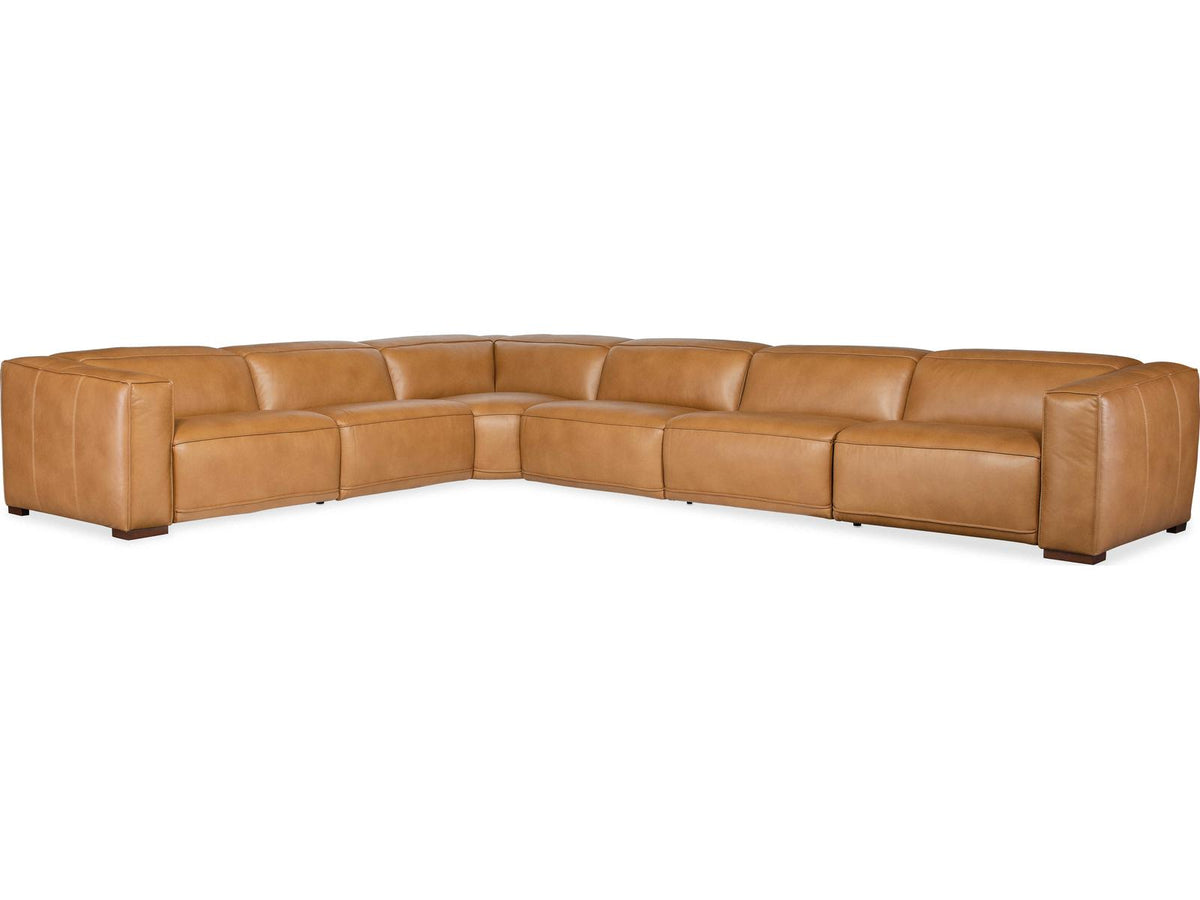 Fresco 6-Seat Power Reclining Leather Sectional in Zen Caramel Brown