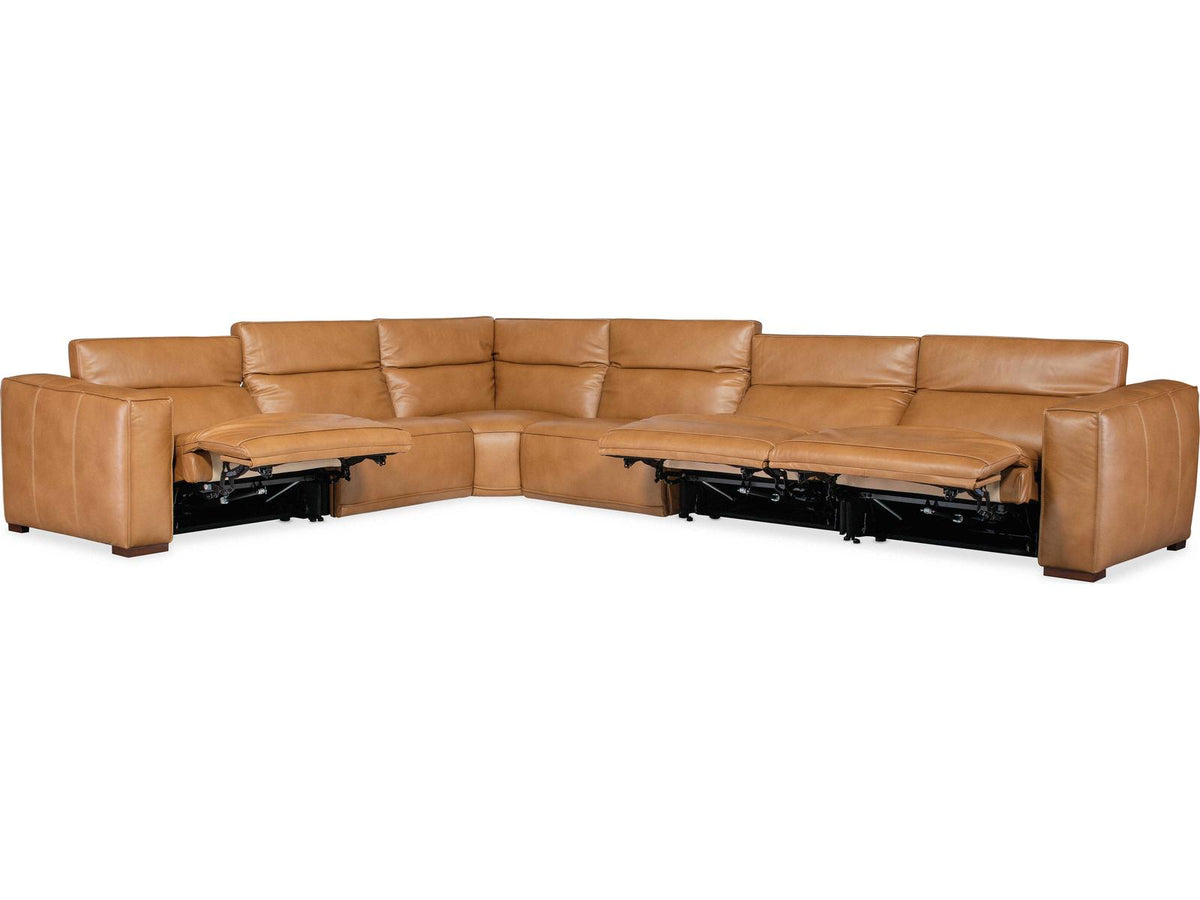 Fresco 6-Seat Power Reclining Leather Sectional in Zen Caramel Brown