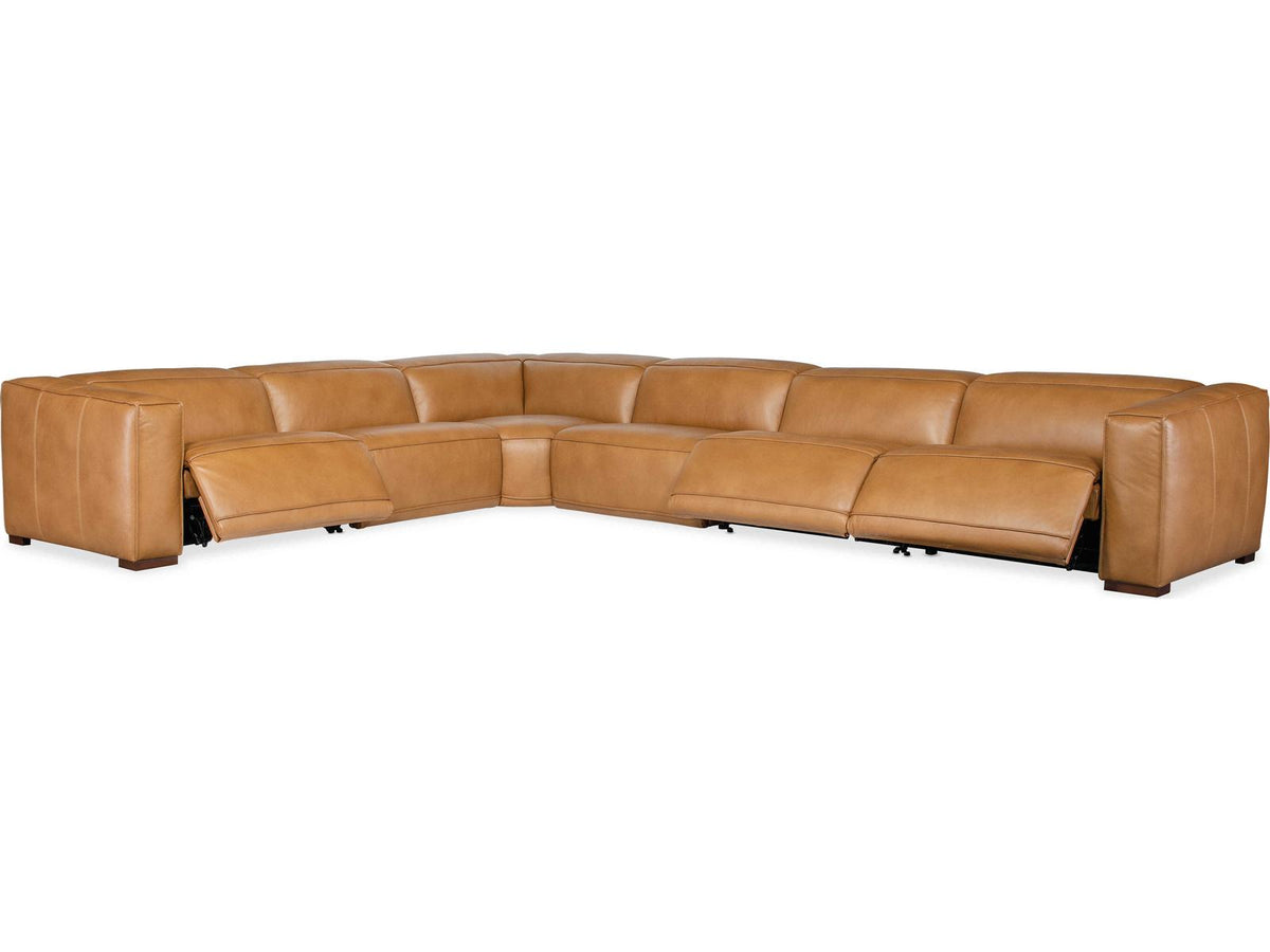 Fresco 6-Seat Power Reclining Leather Sectional in Zen Caramel Brown