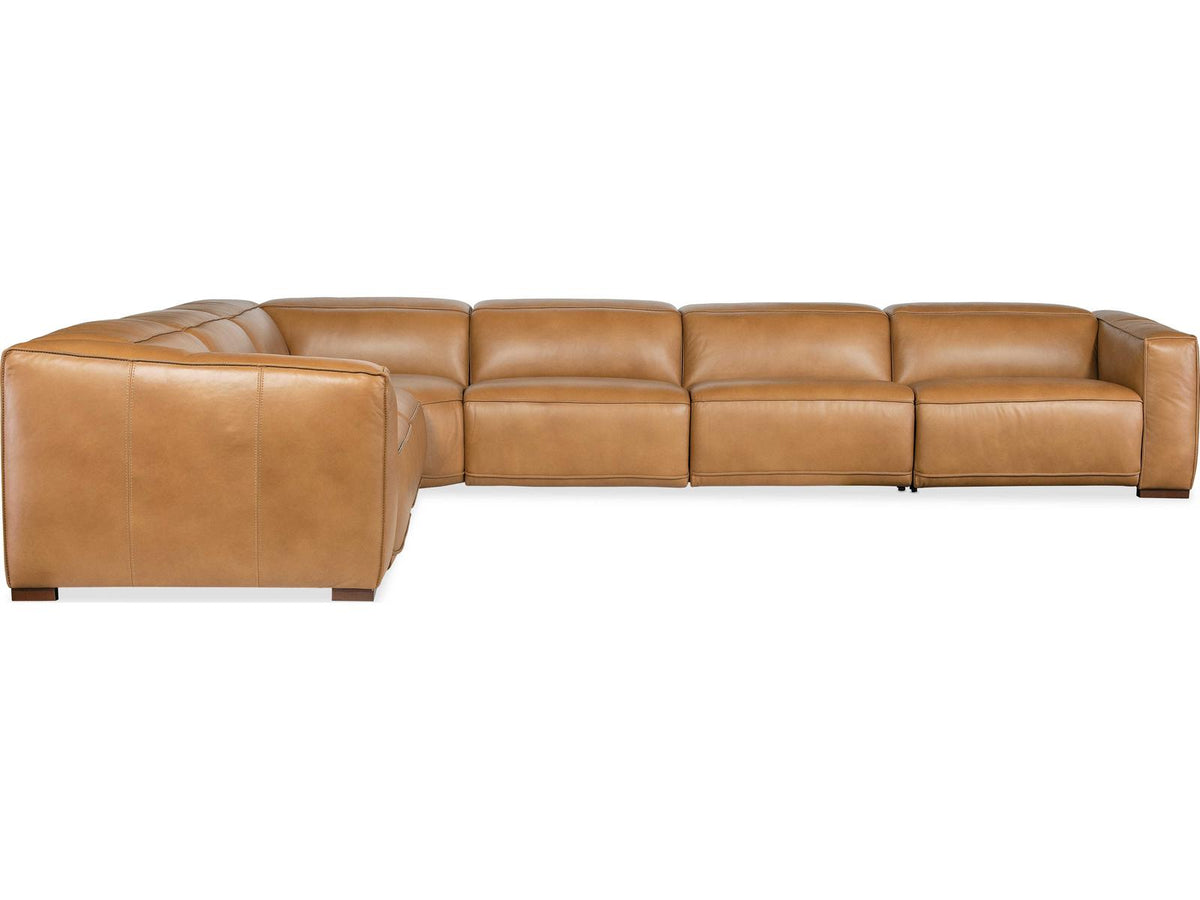 Fresco 6-Seat Power Reclining Leather Sectional in Zen Caramel Brown
