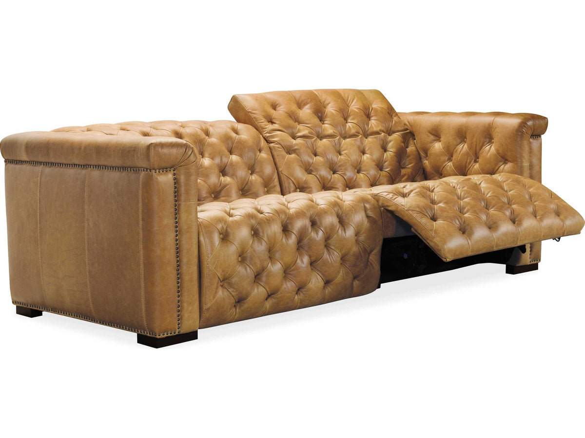 Heritage Dark Wood Tan Leather Sofa