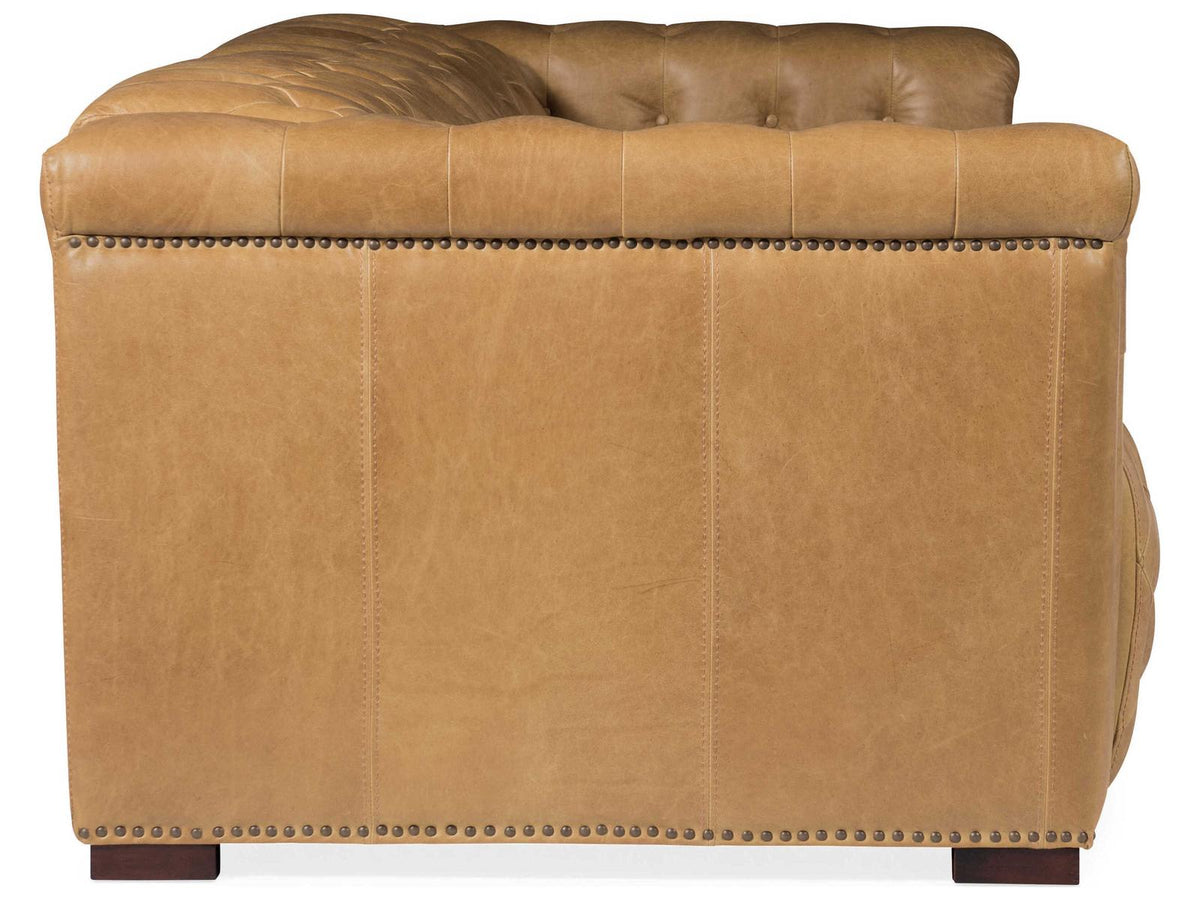Heritage Dark Wood Tan Leather Sofa