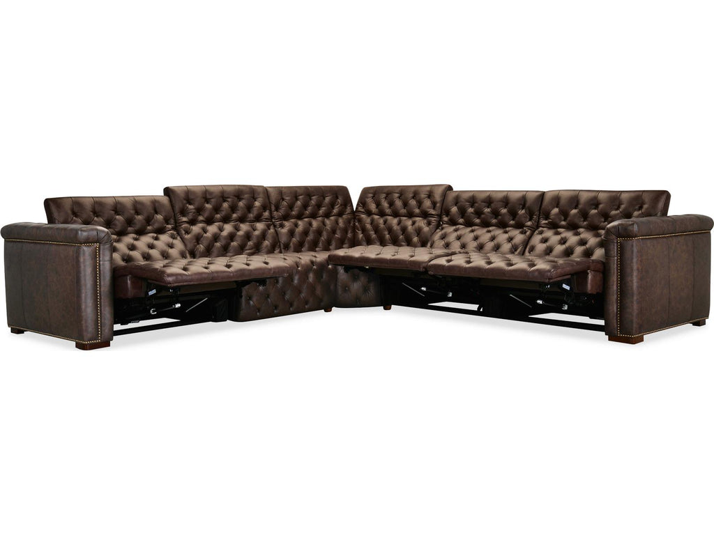 Savion Deux 5-Seat Power Reclining Leather Sectional in West Saddlewood Brown