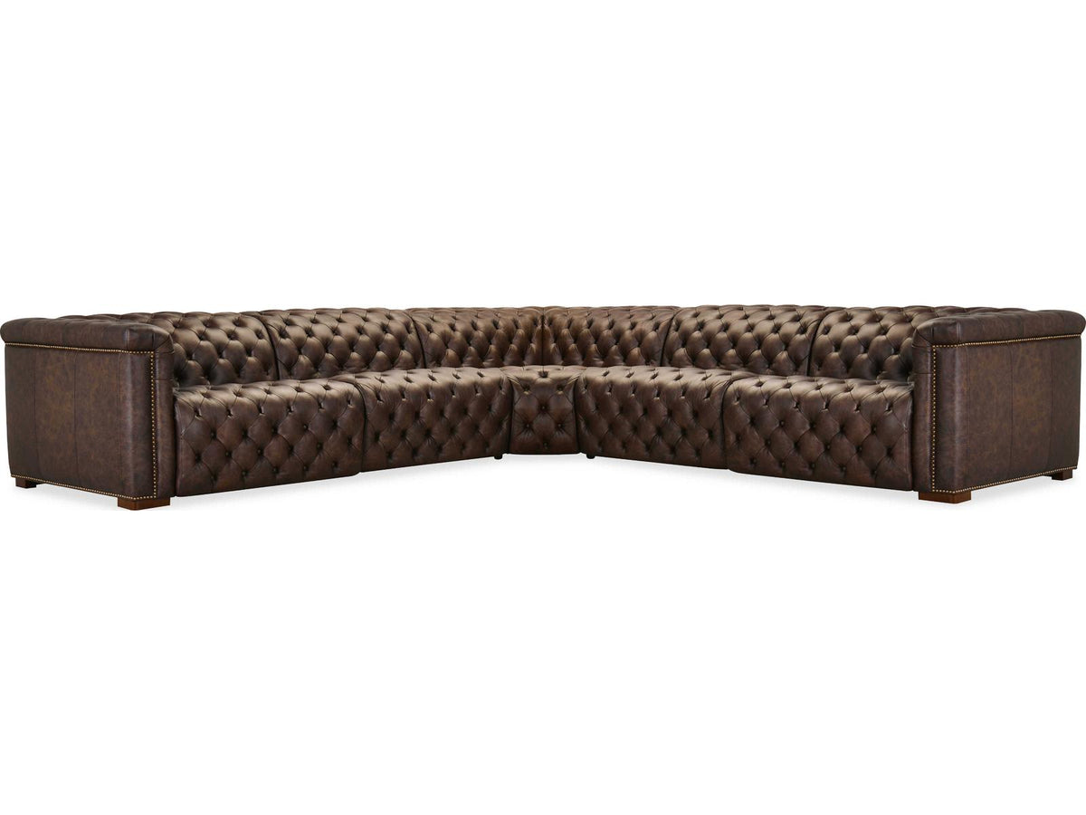 Savion Deux 5-Seat Power Reclining Leather Sectional in West Saddlewood Brown