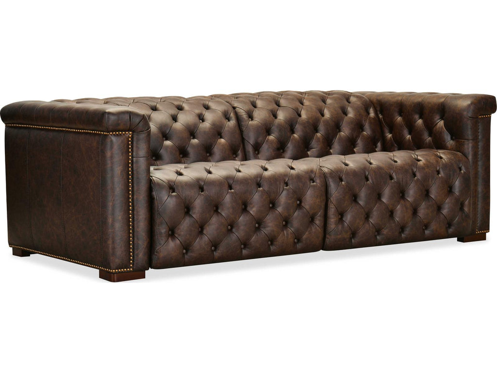 Savion Deux Power Reclining Leather Sofa with Power Headrests in West Saddlewood