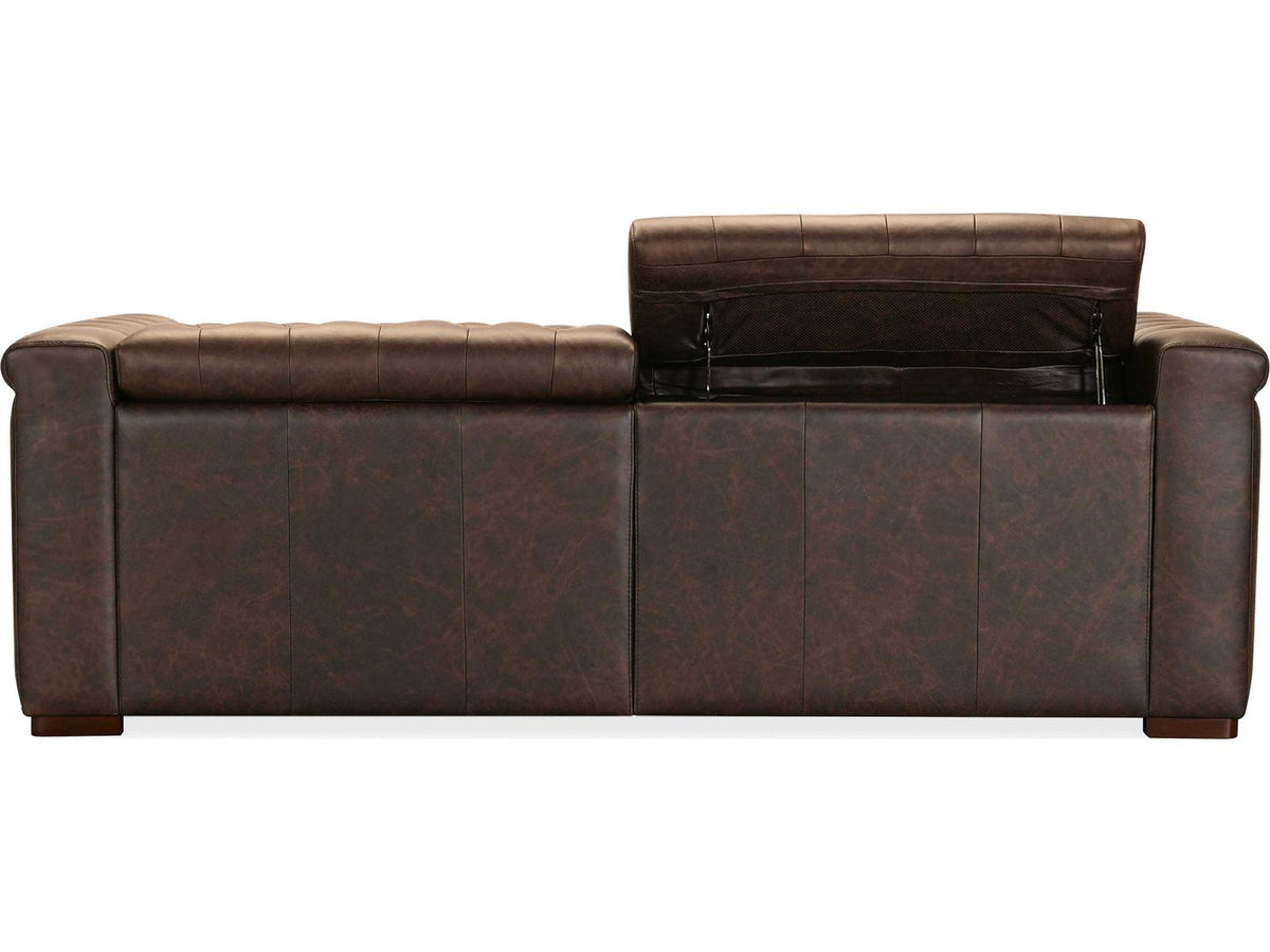 Savion Deux Power Reclining Leather Sofa with Power Headrests in West Saddlewood
