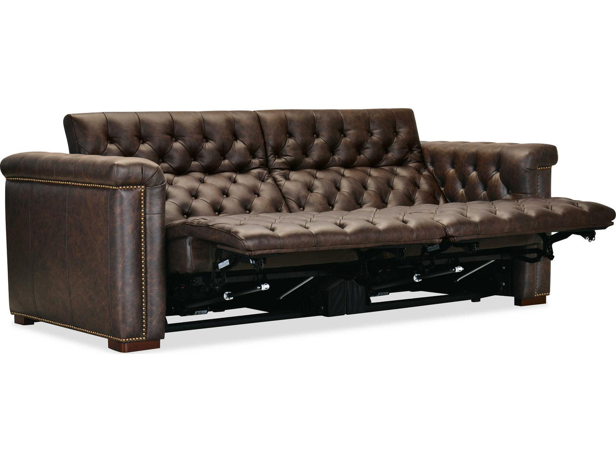 Savion Deux Power Reclining Leather Sofa with Power Headrests in West Saddlewood