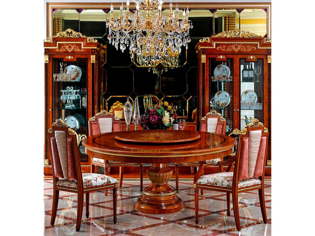 E-38 Round 59 Inch Wood Dining Table with Gold Inlay