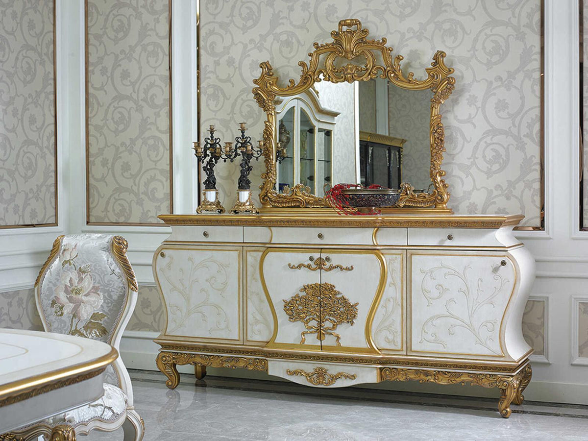 E-57 89 Inch Walnut Wood Sideboard with Gold Inlay